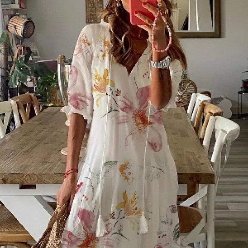 Young women's casual floral v-neck short sleeve woven printed dress